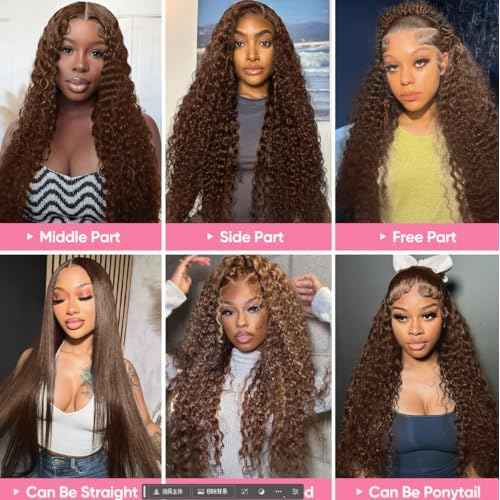 Chocolate Brown 13x6 Deep Wave Lace Front Wigs Human Hair 210Density Curly Wig HD Lace Front Wigs Human Hair Pre Plucked Frontal Wigs Human Hair Brown Glueless Wig For Women 32Inch