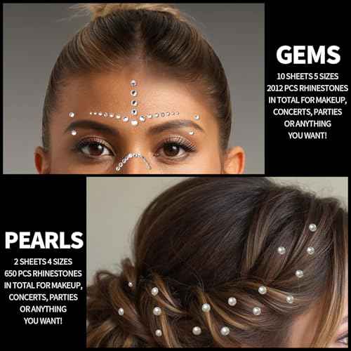 Teenitor 2662 Pcs Hair Gems Hair Pearls Face Gems, 12 Sheets Self Adhesive Face and Hair Jewels Bling Hair Accessories, Hair Face Jewels 3/4/5/6/8mm Hair Pearls Gems Stick on for Hair, Face, Crafts
