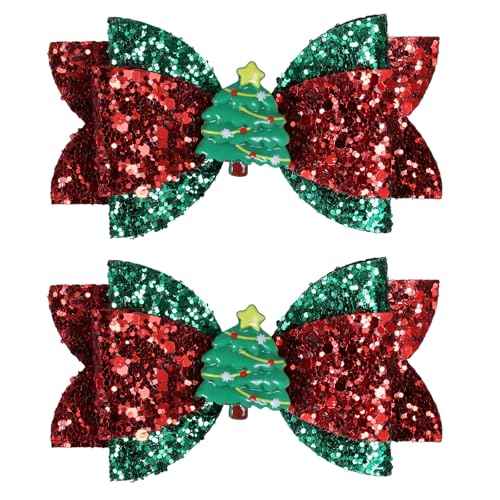 Christmas Glitter Hair Bow Clips Cute Christmas Tree Hairpins Sparkly Girls Hair Accessories for Xmas Party, Red&Green
