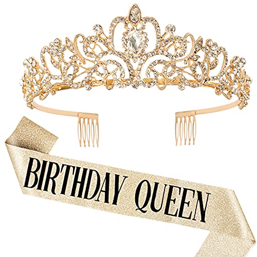 Birthday Queen Gold Sash & Rhinestone Tiara Set