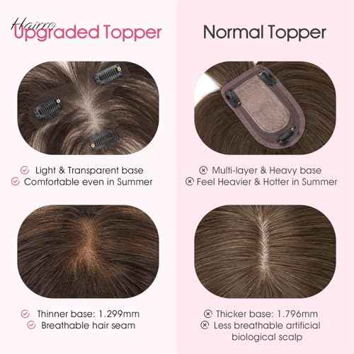 Hairro Human Hair Toppers with Wispy Bangs, 3D 360¡Æ Seamless Real Hair Toppers, Hand-Tied with 3.5"x4.7" T-shaped Base, Clip-In Hairpieces to Add Volume on Top, 11 Inch Dark Brown