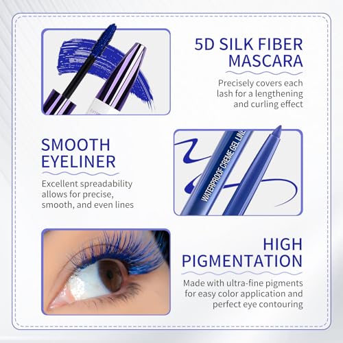 Blue Mascara and Eyeliner Set,5D Colored Mascara Volume and Length Waterproof,Natural Curling Lengthening,Suitable for Women Eye Makeup
