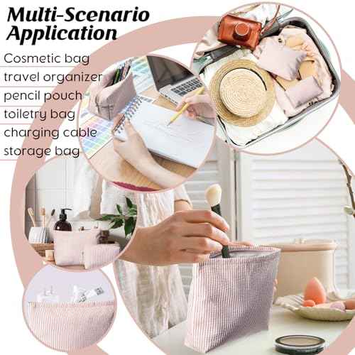 2 Pieces Makeup Bag Set Cute Cosmetic Pouch for Women Seersucker Travel Toiletry Bag Preppy Small Makeup Purse Pouch Aesthetic Skincare Brushes Storage Organizer for Christmas Women(Khaki)