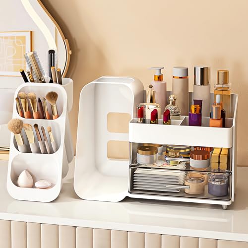 DASITON Makeup Organizer with Brush Holder for Vanity, Bathroom Countertop Organizer with 2 Drawers, Large skincare storage organizers for perfume, lipstick, Nail Polishes and Beauty Essential (White)