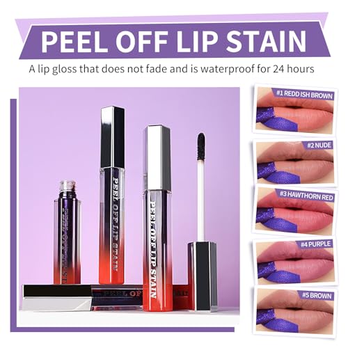 CAHIUYOA 5PCS Lip Stain Peel Off Lip Liner Stain,Matte Lip Tint Stain Peel Off Liquid Lipstick Long Lasting Waterproof Lipstain Makeup Set Gift for Women