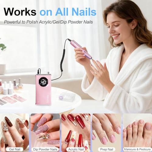 Electric Nail Drill File Professional 40000 RPM, Melodly Rechargeable Electric Nail File Machine Kit for Acrylic Gel Nails Polishing Removing, Portable Cordless Efile with Gold Bits Kit at Salon Home