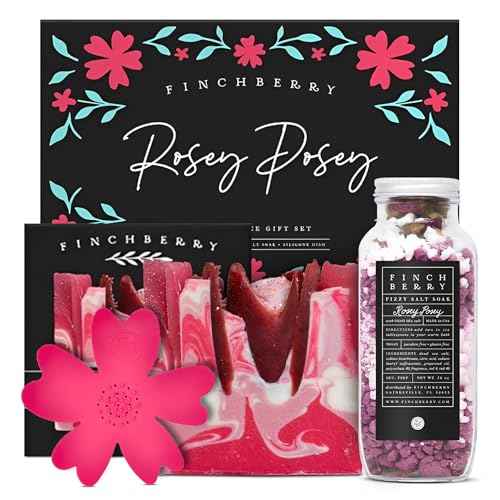 FinchBerry Rosey Posey Gift Set - Ideal Gifts Romantic Occasions, Anniversaries, Birthdays, Women¡¯s Day, Housewarming, or Get Well Soon - Spa Gift Set With Handmade Soap, Fizzy Salt Soak & Soap Dish