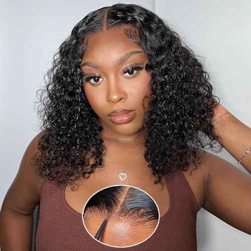 Glueless Wigs Human Hair Pre Plucked Pre Cut Wear and Go Glueless Wig 13x4 HD Deep Wave Lace Front Wigs Human Hair for Black Women Frontal Wigs with Natural Hairline 180% Density 14 Inch