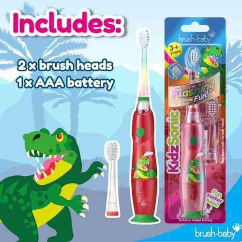brush-baby - KidzSonic Dinosaur Kids Electric Toothbrush for Ages?3+ with Disco LED Lights, Gentle Sonic Vibrations, 2-Minute Smart Timer & 30?Second Pulse Reminders ? AAA Battery Included