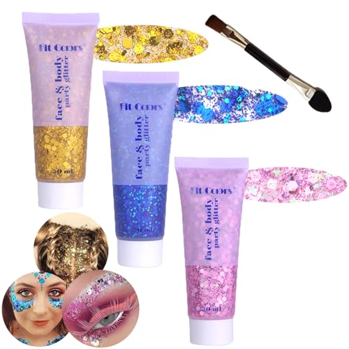 Body Glitter Face Glitter Gel: Singer Concerts Disco Festival Rave Accessories Face Glitter Makeup 150ml Chunky Sequins Mermaid Face Body Hair Glitter Gel (Red&White&Pink)