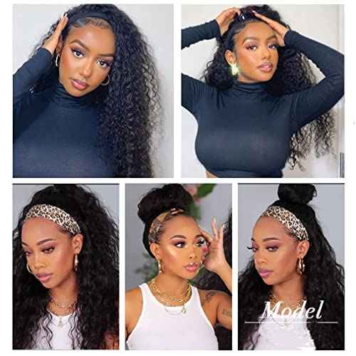 Deep Wave Headband Wig Human Hair Curly Headband Wigs for Black Women Human Hair 20 Inch Glueless None Lace Front Wig Brazilian Virgin Hair Wear and Go Wigs 150% Density Natural Black Color