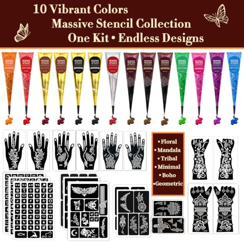 MuseLuxe 14P-10 Colors Temporary Tattoo Kit with 20 Stencil Sheets & Accessories
