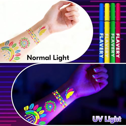 Glow In the Dark Markers for Face Body Paint, 4 Temporary Tattoo Markers for Skin + 57 Tattoo Stencil Stickers, Glow Under UV Light Body Marker Kit