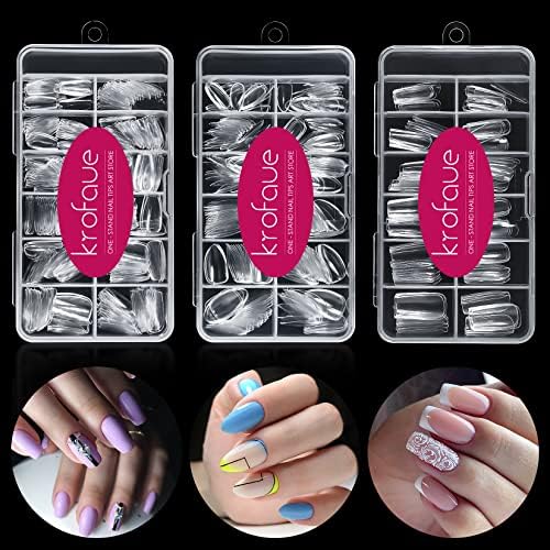 720PCS Clear Nail Tips krofaue 3 Styles False Nails Kit Soft Gel Nail Tips Short Almond Nails Square False Nails Coffin Nails Tips with Box for Artificial Press on Nails Extension Art DIY Home