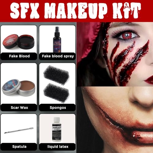 Halloween Fake Blood SFX Makeup Kit ? 7PCS Special Effects Set with Fake Blood Spray, Liquid Latex+Scar Wax+Fake Blood Gel+Spatula Tool & 2 Stipple Sponges ? Vampire Zombie Makeup Kit for Face & Body