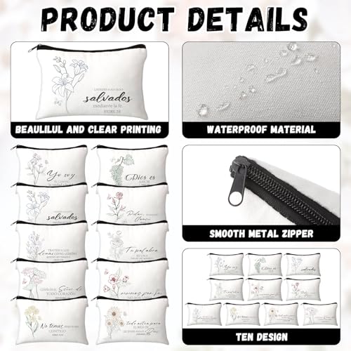 30 Pcs Spanish Christian Easter Gifts for Women Bulk Easter Religious Cosmetic Bags Inspirational Bible Verse Pencil Pouch Christian Makeup Bags with Zipper Church Gift for Travel Women