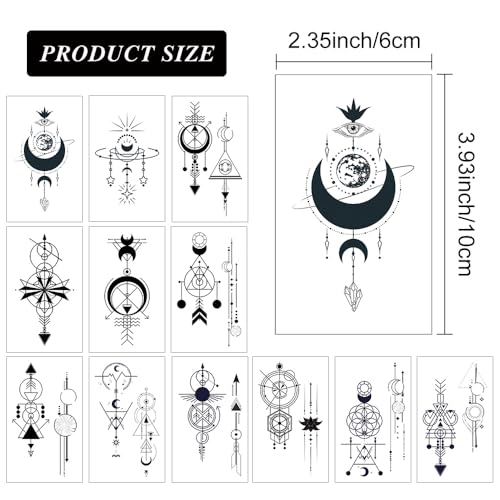 12 Sheet Geometric Temporary Tattoos Black Mystical Moons