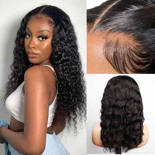 Loose Deep Wave 4X4 Lace Closure Wigs Human Hair Body Wave Curly Wear and Go Glueless Wig, 20 Inch Natural Black 4X4 HD Lace Front Pre Plucked Pre Cut Human Hair Wig with Baby Hair for Black Women