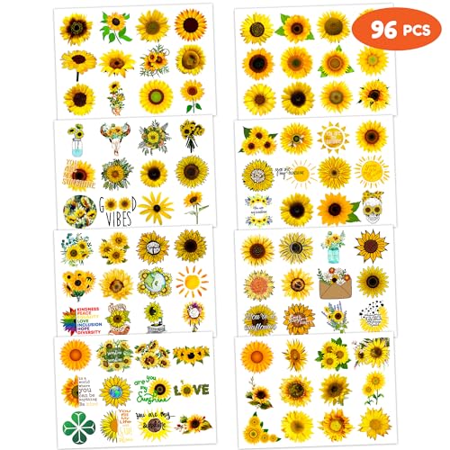 96 Pcs Sunflower Temporary Tattoos for Kids - 8 Sheets