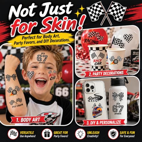 96 PCS Checkered Flag Temporary Tattoos for Kids Party Favors