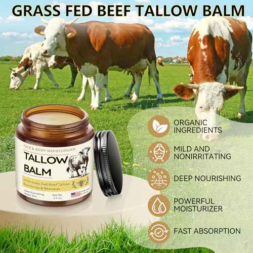 Veakoo Beef Tallow for Skin, Organic Whipped Tallow and Honey Balm, Grass Fed Beef Tallow Face Moisturizer, Natural Tallow Skin Care Cream Body Butter, Nourish and Soothe Dry Skin
