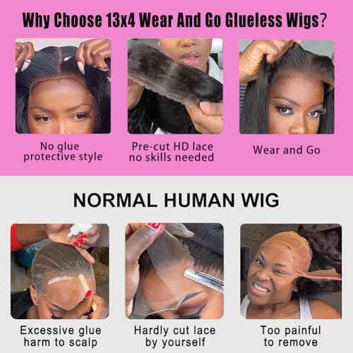 Glueless Wigs Human Hair Pre Plucked Pre Cut Wear and Go Glueless Wig 13x4 HD Deep Wave Lace Front Wigs Human Hair for Black Women Frontal Wigs with Natural Hairline 180% Density 14 Inch