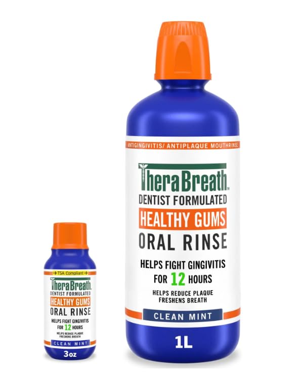 TheraBreath Healthy Gums Mouthwash - Alcohol-Free, Fresh Mint, 1L + Travel Size