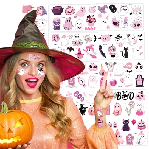 Halloween Temporary Tattoos for Kids - Pink Halloween Party Decorations, Trick or Treat Basket Stuffers, Boo Day Party Favors for Girls