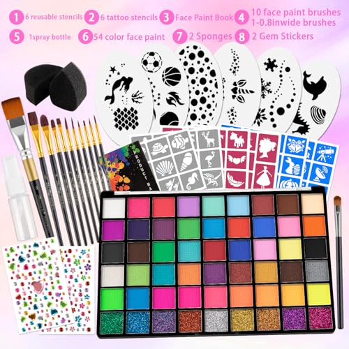 Face Painting Kit for Kids,54 Colors Face Paint Makeup Kit,Non-Toxic Water Activated Facepaint Pallette with Brushes,Stencils,Sponge,Gems,For Halloween,Christmas Carnival, Party,cosplay ctc.