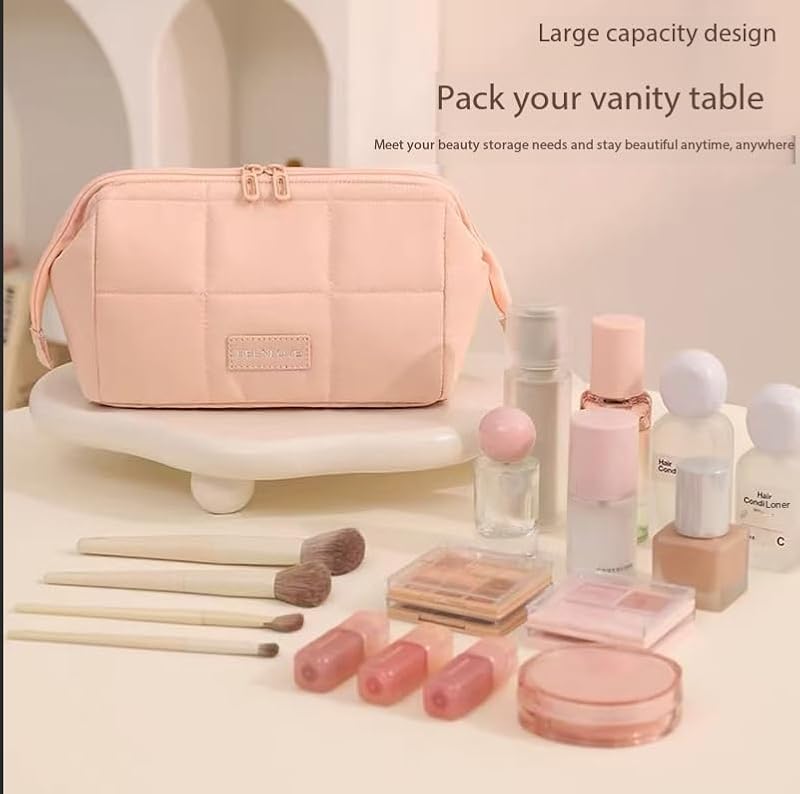 Pink Travel Makeup Bag with Brush Pocket & Compartments