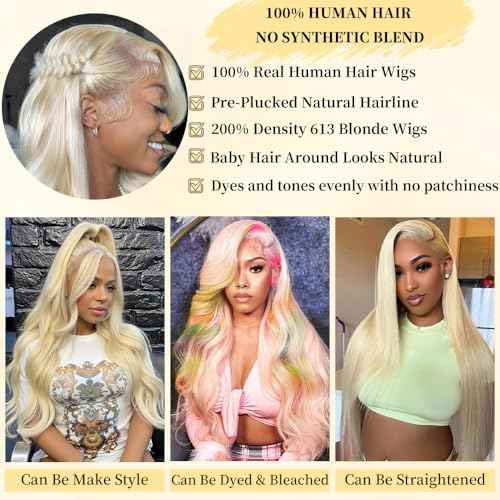 613 13x6 Lace Front Wig Human Hair 30 Inch 100% Real Blonde Wig Human Hair Body Wave HD Lace Front Wigs Human Hair 200 Density Easily Stained No Tangle Minimal Shedding Longer Life