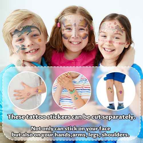 Partywind 24 Styles Face Temporary Tattoos for Kids, Dinosaur Fake Tattoo Stickers for Boys Girls Party Supplies Favors, Face Tattoos for Birthday Games, Kids Goodie Bag Stuffers