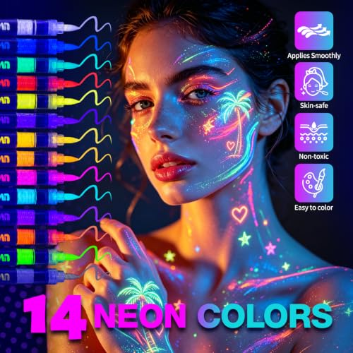 14 Colors UV Glow Body Paint Markers - Waterproof Neon Face Paint Pens