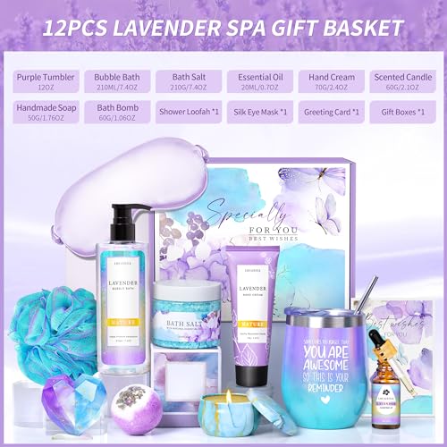 Gifts Baskets for Women,Relaxing Spa Gift Basket Set,Christmas Gifts for Women,Gifts Idea for Mom,Girlfriend,Sister,Wife,Teacher,12pcs Lavender Care Package Gift Set,Birthday Gifts Basket for Women