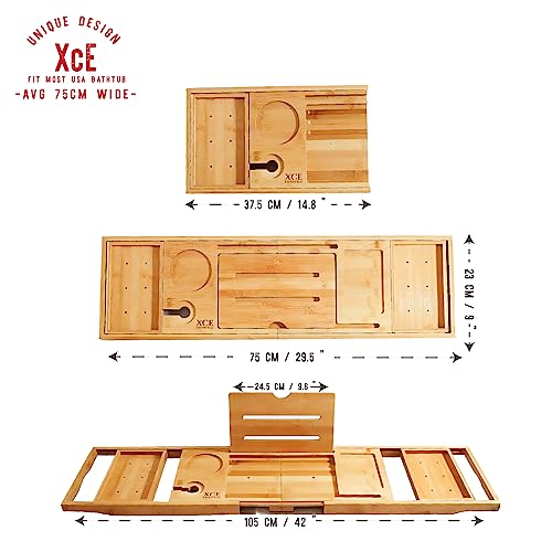 XcE Foldable Bamboo Bathtub Caddy Tray - Expandable to 41 Inches with Non-Slip Pads & Book Stand for Couples Luxury Bath