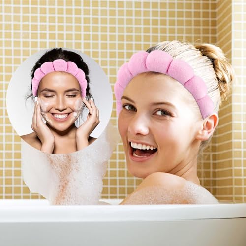 JYOUX 4PCS Fluffy Spa Headbands, Face Band with Wrist, Floral Hairpin for Skin Care, Headband and Wristband+Blue