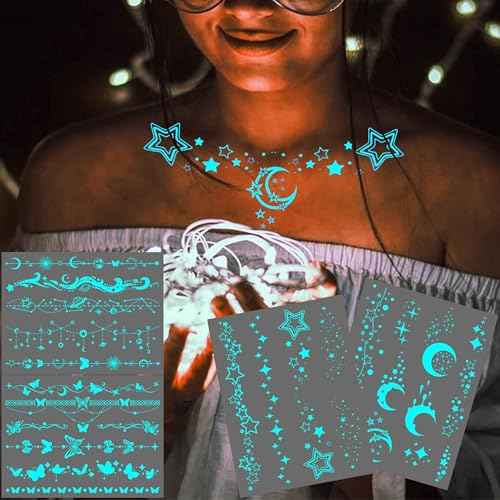 Blue Luminous Star Crescent Moon Temporary Tattoos For Women Clavicle Girls Adults Neck, 4 Sheets Sexy Lace Butterfly Planet Fake Necklace Glow In The Dark Tattoo Sticker, Night Glitter Party Supply