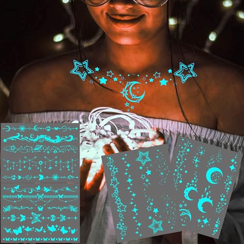 Glow In The Dark Temporary Tattoos - 4 Sheets Luminous Star Moon