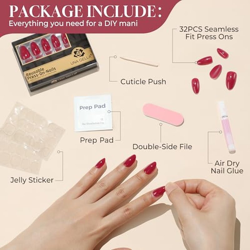 UNA GELLA Red Almond Press On Nails Kit - 32 Reusable Soft Gel Nails