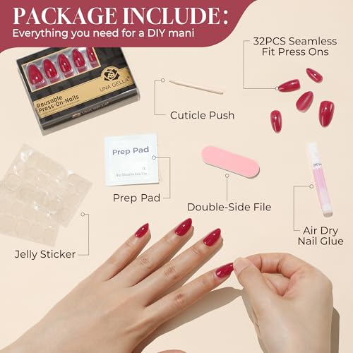 UNA GELLA Red Almond Press On Nails Kit - 32 Reusable Soft Gel Nails