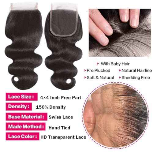 ???????????????? 4 Bundles with Closure Human Hair 10A 100% Unprocessed Brazilian Virgin Human Hair Body Wave Bundles with 4x4 Lace Closure (10 10 10 10+10 Inch)