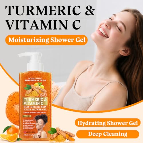2 Packs Vitamin C Turmeric Body Scrub & Body Wash, Gentle Exfoliating Shower Gel, Hydrating, Unisex, 16.9 fl oz