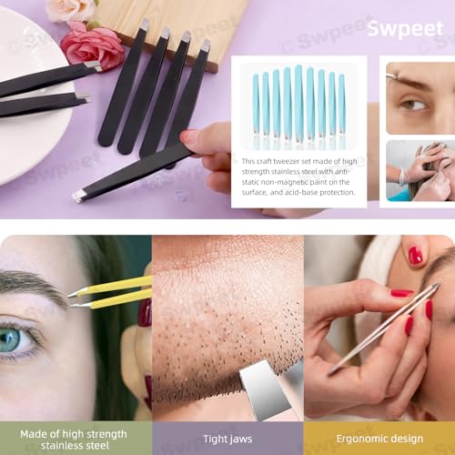 Swpeet 12Pcs 3.79 Inches Black Eyebrow Tweezers Stainless Steel Slant Tip Tweezers Kit, Professional Eyebrow Facial and Hair Remover, Slant Pointed Precision Tweezers Fits for Men and Women
