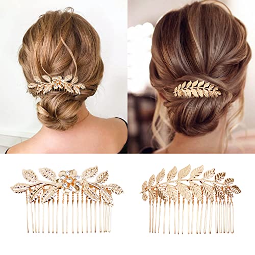 5-Piece Gold Leaf Hair Combs Rhinestone Wedding Hair Clips Set