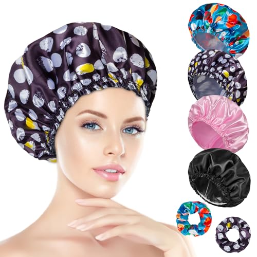 Shower Cap for Women Set of 4 with Satin Scrunchies