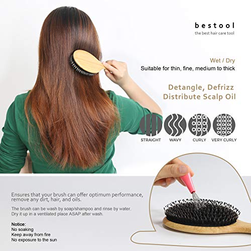 Boar Bristle Hair Brush with Bamboo Paddle & Massage Cushion