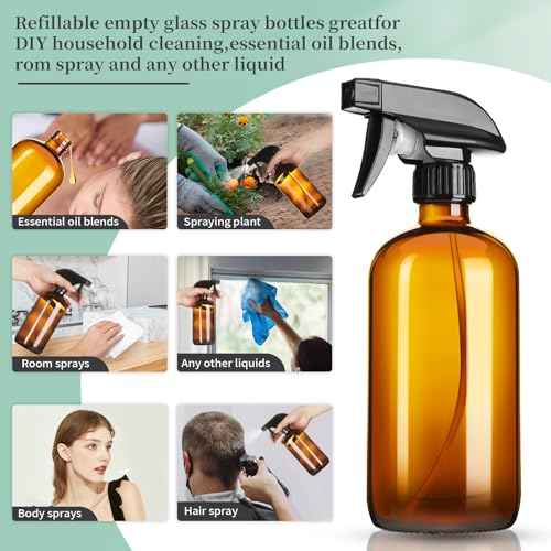 16oz Amber Glass Spray Bottles,4 Pack Glass Spray Bottles Refillable Empty Bottle with Adjustable Nozzle,Spray Bottle for Cleaning,Essential Oils,Cleaning,Pets,Plant, Hair Mister