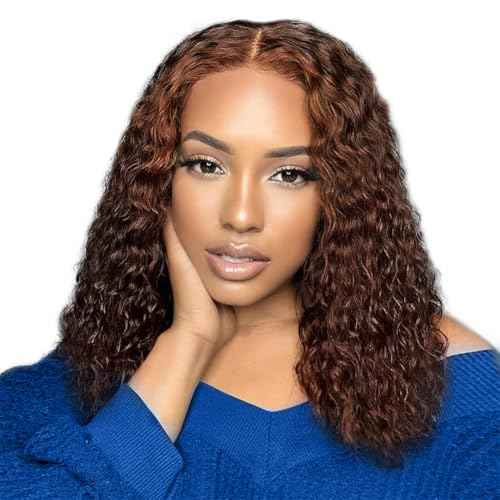 DJFG Deep Wave Lace Front Wigs Human Hair Curly Wig Human Hair HD Frontal 200 Density 13x6 Lace Brown 12 Inch