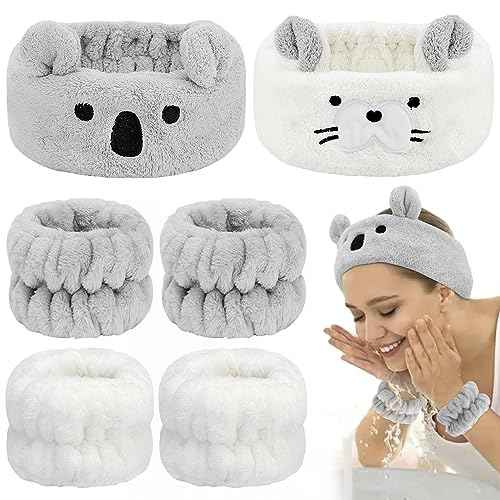 AHONEY Face Wash Headband and Wristband Set, Cute Makeup Spa Skincare Headbands Wrist Bands for Washing Face Headband for Women Girls Elastic Animal Hair Band (White&Grey)