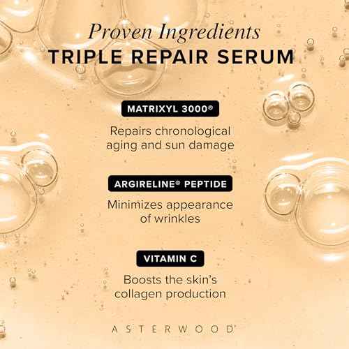 Asterwood Triple Repair Matrixyl 3000 + Argireline + Hyaluronic Acid + Vitamin C Serum for Face - Anti-Aging, Collagen Boosting, Hydrating - Fragrance-Free - 8 Fl Oz